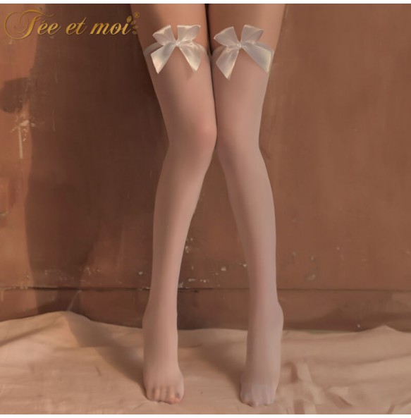 FEE ET MOI Bow Thigh High Stockings (White)